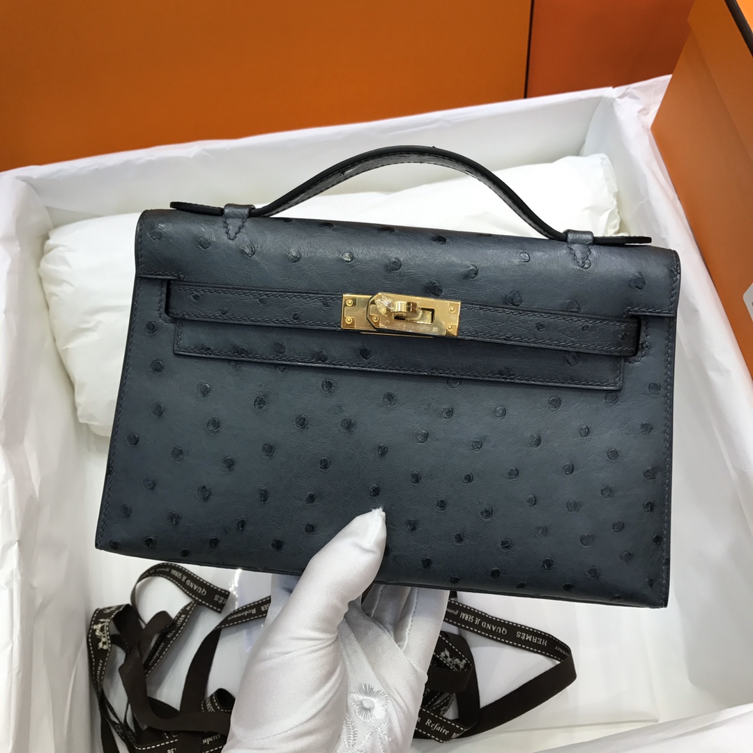 Hermes Mini Kelly Pochette 22cm Bag In Black Grey Ostrich Leather